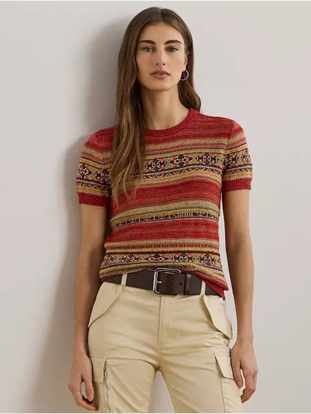 Ralph Lauren Red Fair Isle Short-Sleeve Crewneck Sweater
